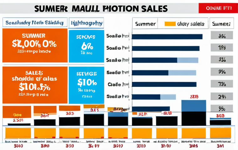 **Retail Seasonal Sales:** A vibrant bar graph depicting monthly sales for an online shopping mall, showcasing a surge in swimwear sales during summer and gift item sales in late December. Highlight seasonal keywords like "summer," "swimwear," "holiday gifts."