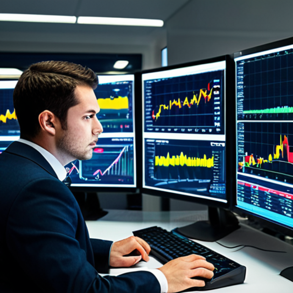 A professional financial analyst, fully clothed in a modest business suit, intently studying complex financial charts and real-time market data displayed on multiple large screens in a modern, well-lit trading room. The atmosphere is focused and analytical, with a subtle glow from the monitors. The image emphasizes data integrity and the professional pursuit of market understanding.